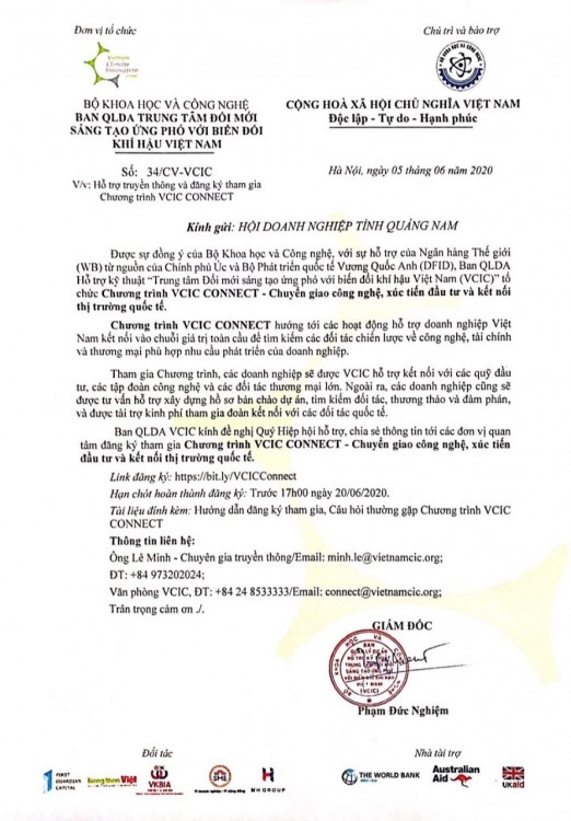 Đăng ký tham gia Chương trình VCIC CONNECT – Chuyển giao công nghệ, xúc tiến đầu tư và kết nối thị trường quốc tế.