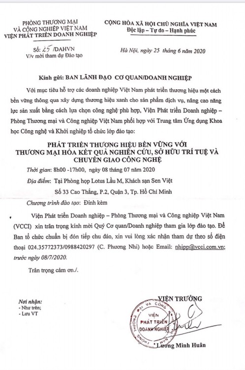 ĐĂNG KÝ THAM GIA CHƯƠNG TRÌNH ĐÀO TẠO PHÁT TRIỂN THƯƠNG HIỆU BỀN VỮNG VỚI THƯƠNG MẠI KẾT QUẢ NGHIÊN CỨU, SỞ HỮU TRÍ TUỆ VÀ CHUYỂN GIAO CÔNG NGHỆ