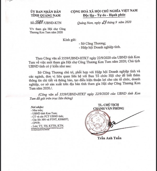 Hiệp hội Doanh nghiệp tỉnh thông báo và kính mời Qúy doanh nghiệp đăng ký tham gia Hội Chợ Công Thương Kon Tum năm 2020