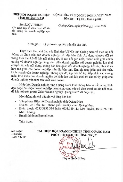 Hiệp hội Doanh nghiệp tỉnh Quảng Nam thông báo về việc cung cấp số điện thoại để kết nối thông tin doanh nghiệp qua Zalo.