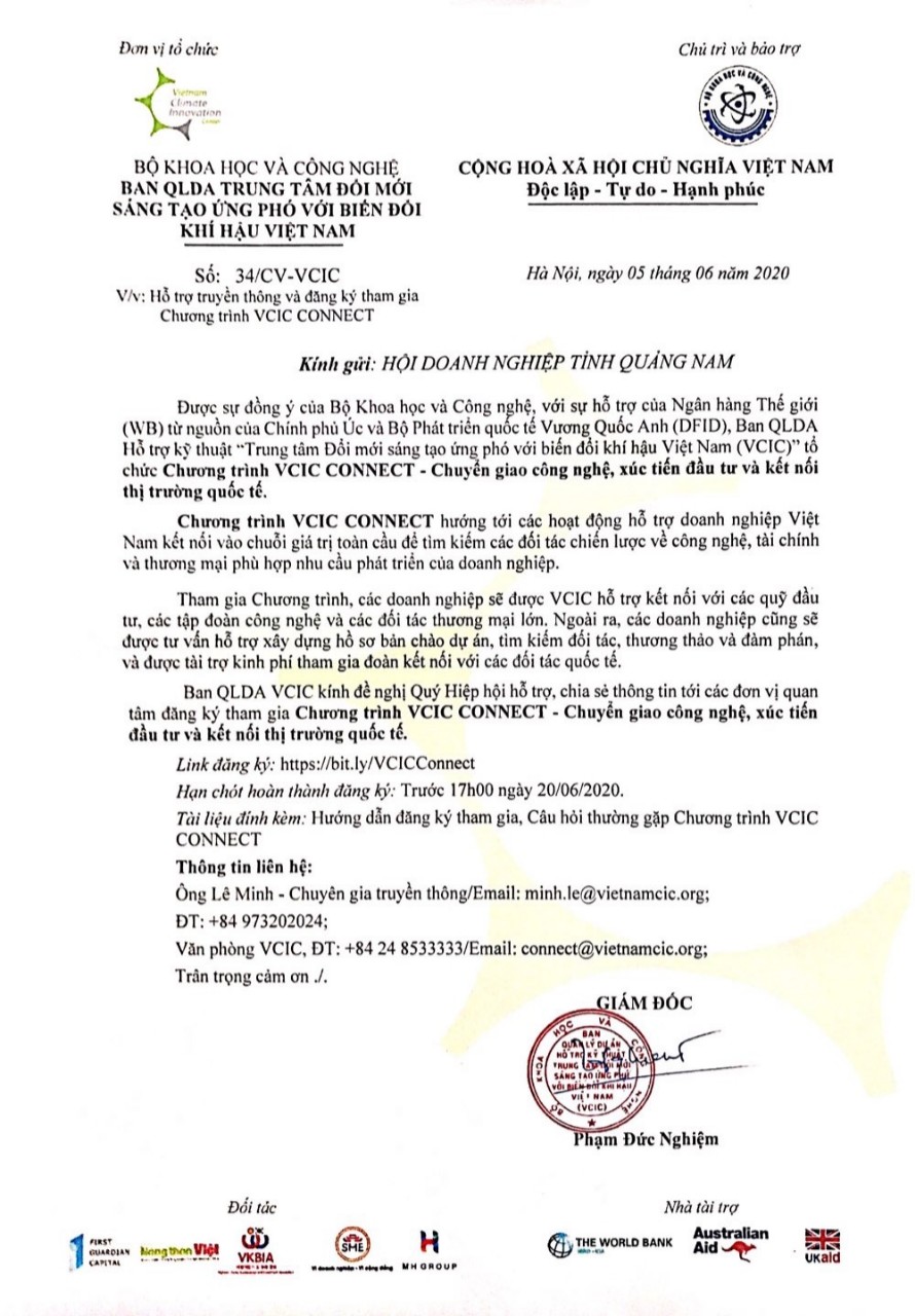 Đăng ký tham gia Chương trình VCIC CONNECT – Chuyển giao công nghệ, xúc tiến đầu tư và kết nối thị trường quốc tế.