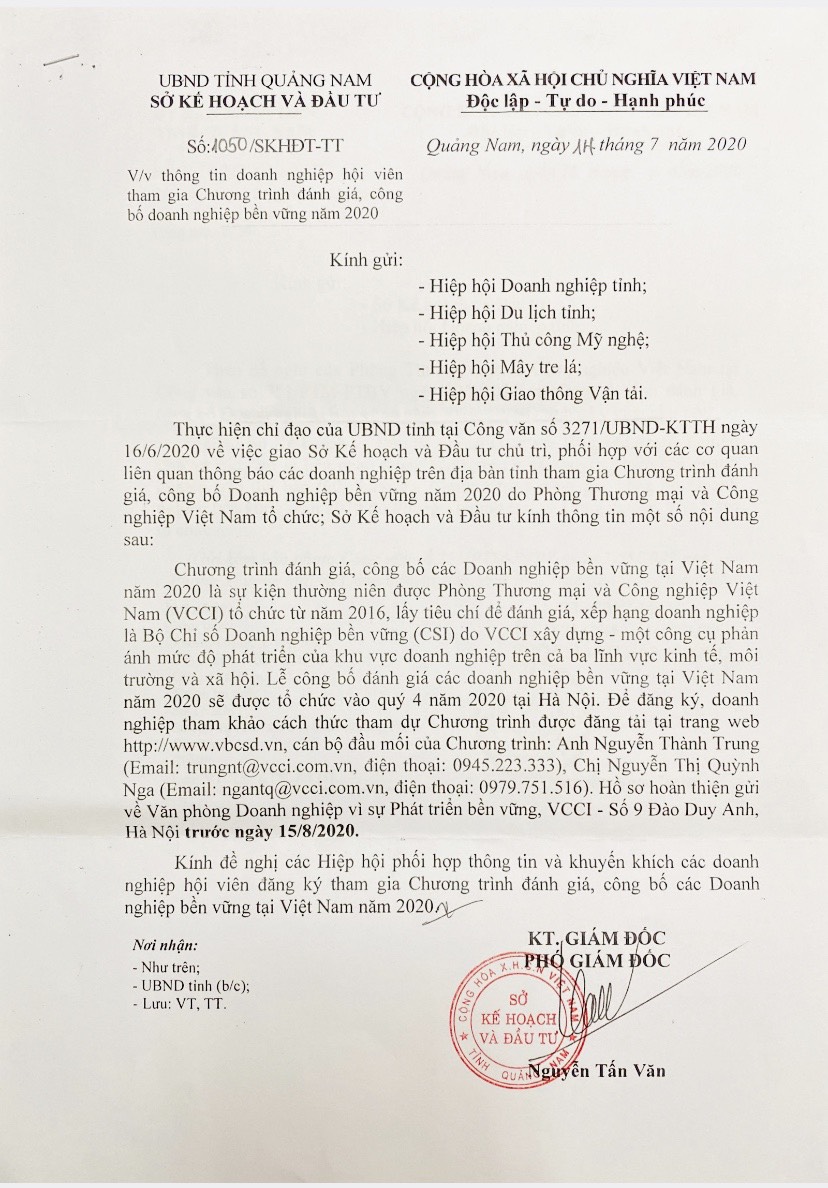 ĐĂNG KÝ THAM GIA CHƯƠNG TRÌNH ĐÁNH GIÁ, CÔNG BỐ DOANH NGHIỆP BỀN VỮNG NĂM 2020