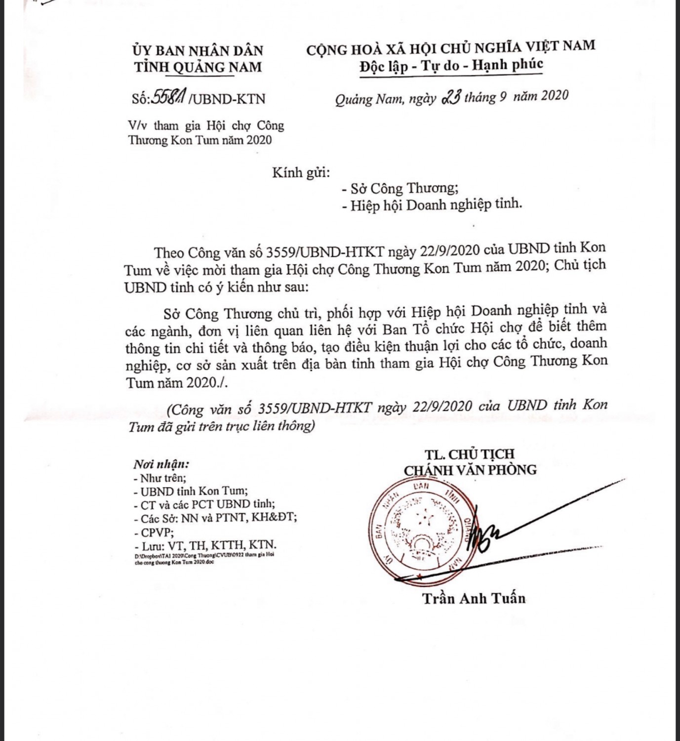 Hiệp hội Doanh nghiệp tỉnh thông báo và kính mời Qúy doanh nghiệp đăng ký tham gia Hội Chợ Công Thương Kon Tum năm 2020